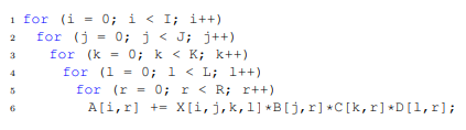 Figure 2.5: Source code for Matricized Tensor Times Khatri-Rhao product for fourthorder tensor. 